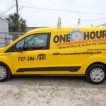 Magnetic Signs for Trucks and Vans: When They Work in Largo, and When They Do Not Yellow One Hour Air Conditioning and Heating service van in Largo, FL with cut vinyl lettering, phone number, website and license number on the side panel, by DVC Signs.